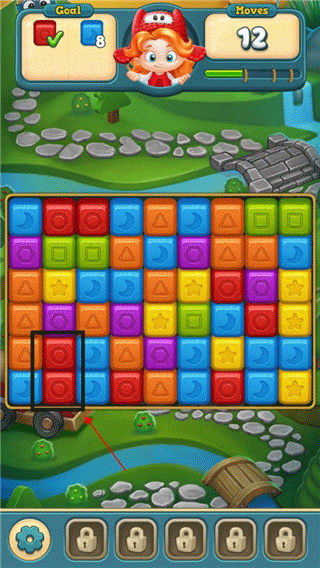 玩具爆破操作演示动图：滑动连接同色方块触发爆炸