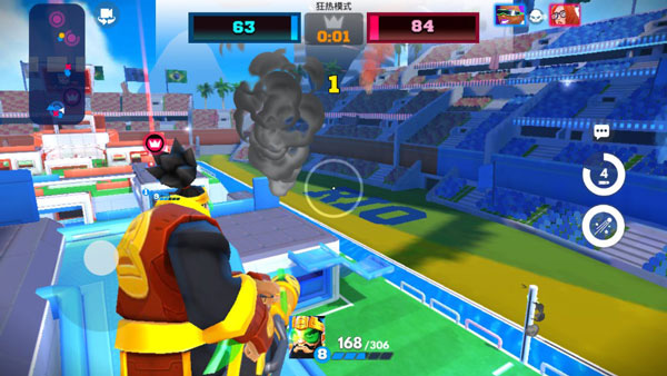 操作界面示意图：左侧虚拟摇杆+右侧射击/技能按钮布局